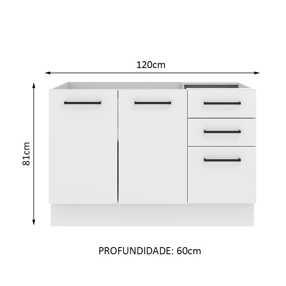 Mueble de Cocina para Lavadero 120 x 60 cm 2 Puertas y 3 Cajones (Sin Encimera) Blanco Agata