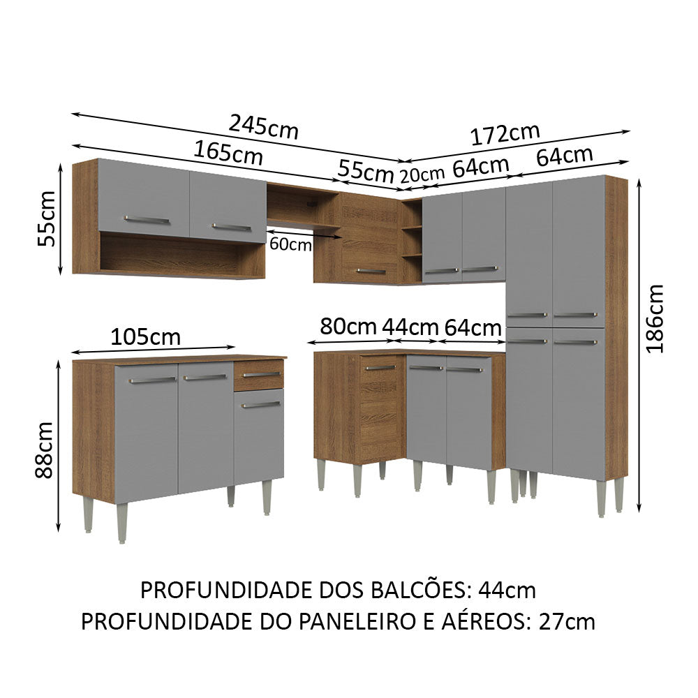 Cocina Integral Esquinera 417cm Marrón/Gris Emilly 02