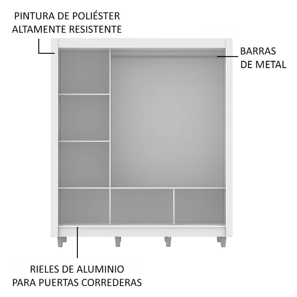 Clóset Matrimonial 3 Puertas Corredizas con Espejos con Patas Blanco Monaco