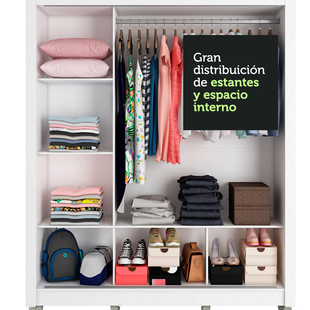 Clóset Matrimonial 3 Puertas Corredizas con Espejos con Patas Blanco Monaco
