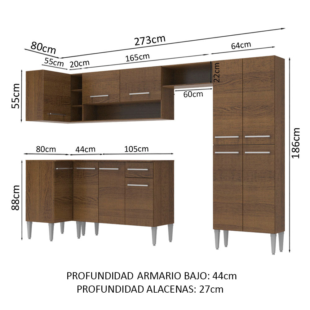 Cocina Integral Esquinera 353cm Marrón Emilly Sun Madesa 01