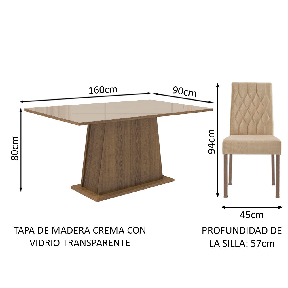 Juego de Comedor Mesa Cristal 6 Sillas Stéfani Madesa - Marrón/Crema/Imperial