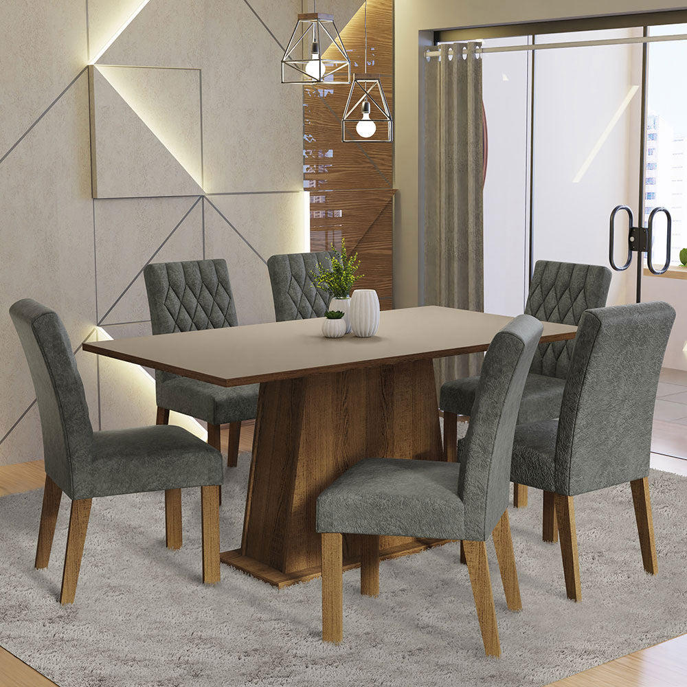 Juego de Comedor Mesa con Encimera de Madera 6 Sillas Marrón/Crema/Silver Britney