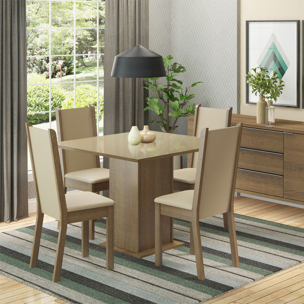Juego de Comedor Mesa con Encimera de Vidrio y 4 Sillas Marrón/Beige Moscou Plus