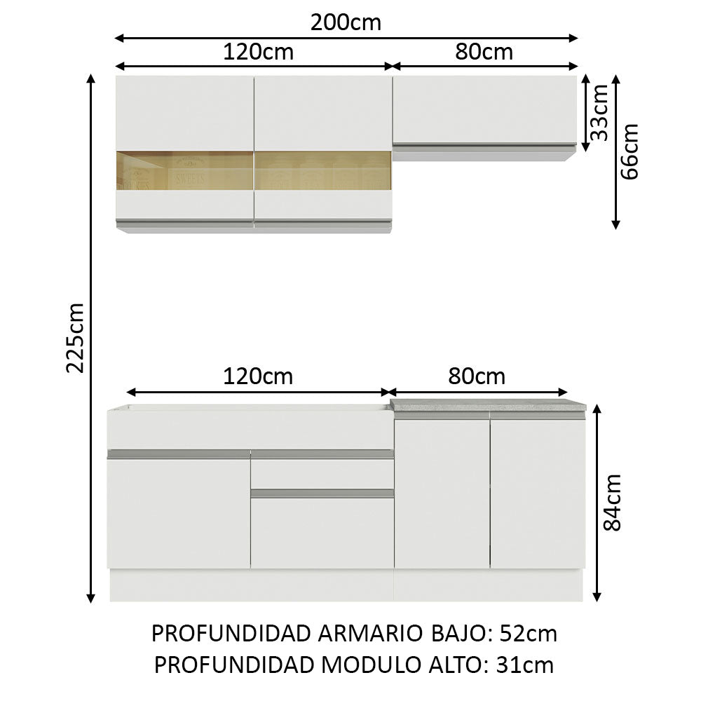 Cocina Integral 200cm Blanco Glamy Madesa 07