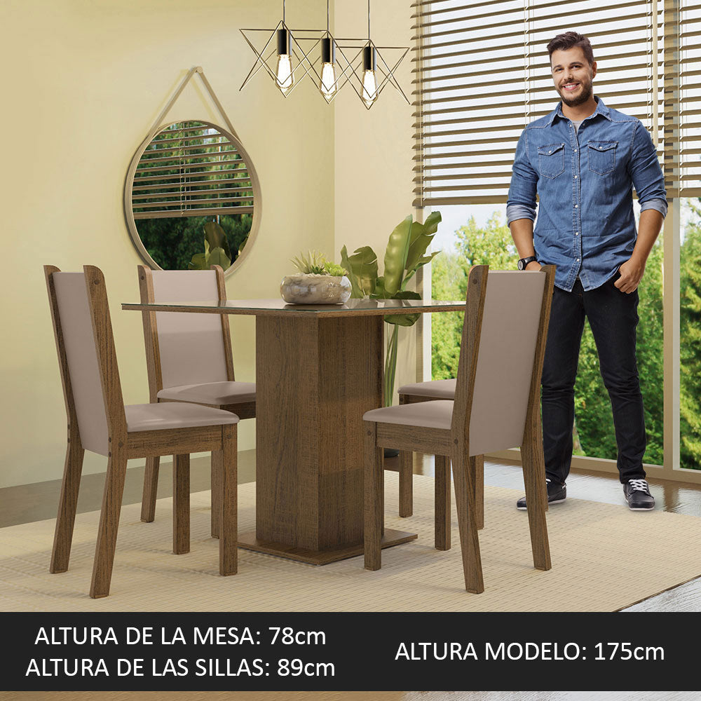 Juego de Comedor Mesa con Encimera de Vidrio 4 Sillas Marrón/Crema/Beige Tifani