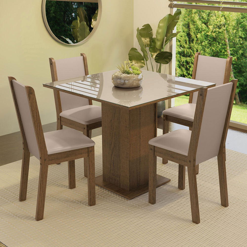 Juego de Comedor Mesa con Encimera de Vidrio 4 Sillas Marrón/Crema/Beige Tifani