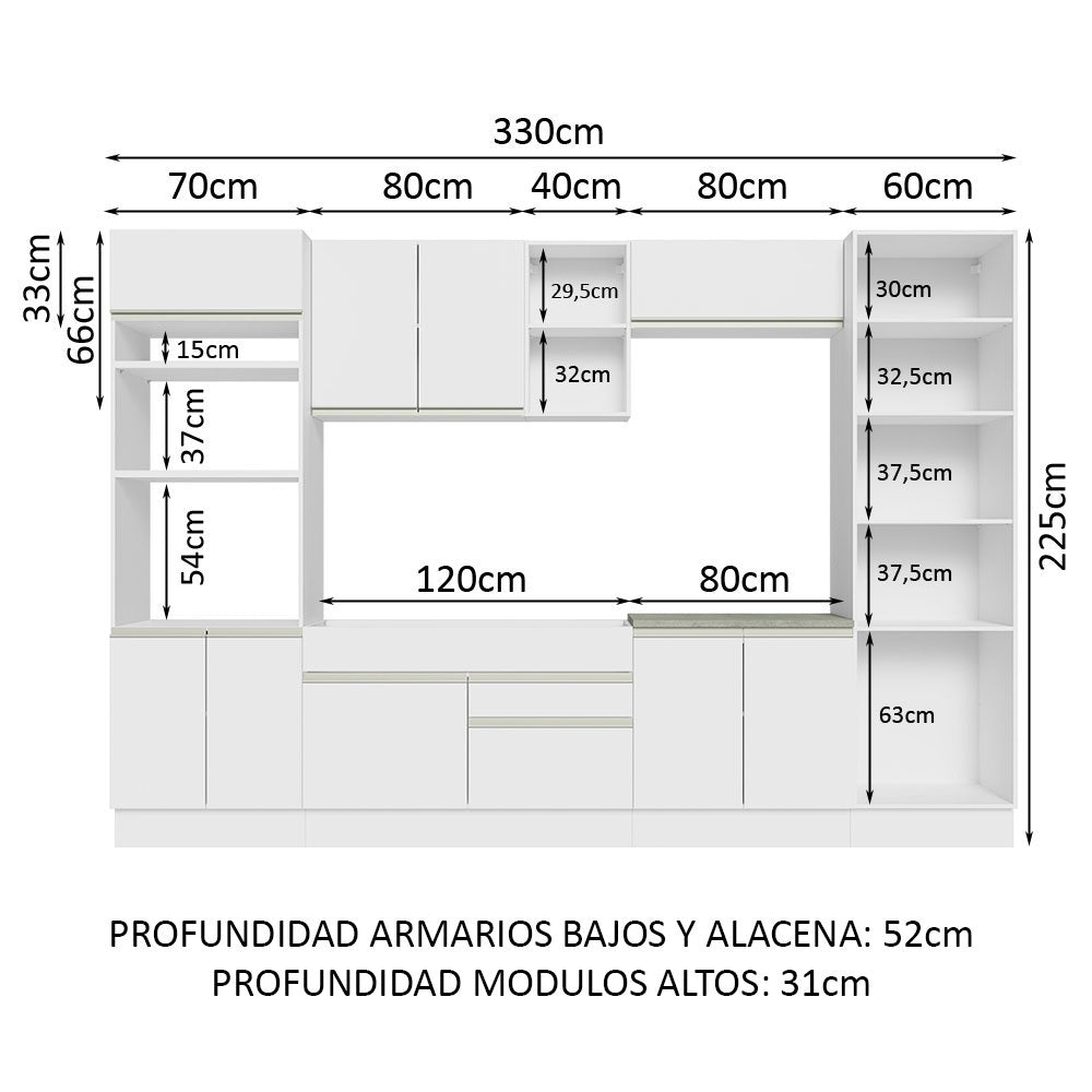 Cocina Integral 330cm Blanco Glamy Madesa 03