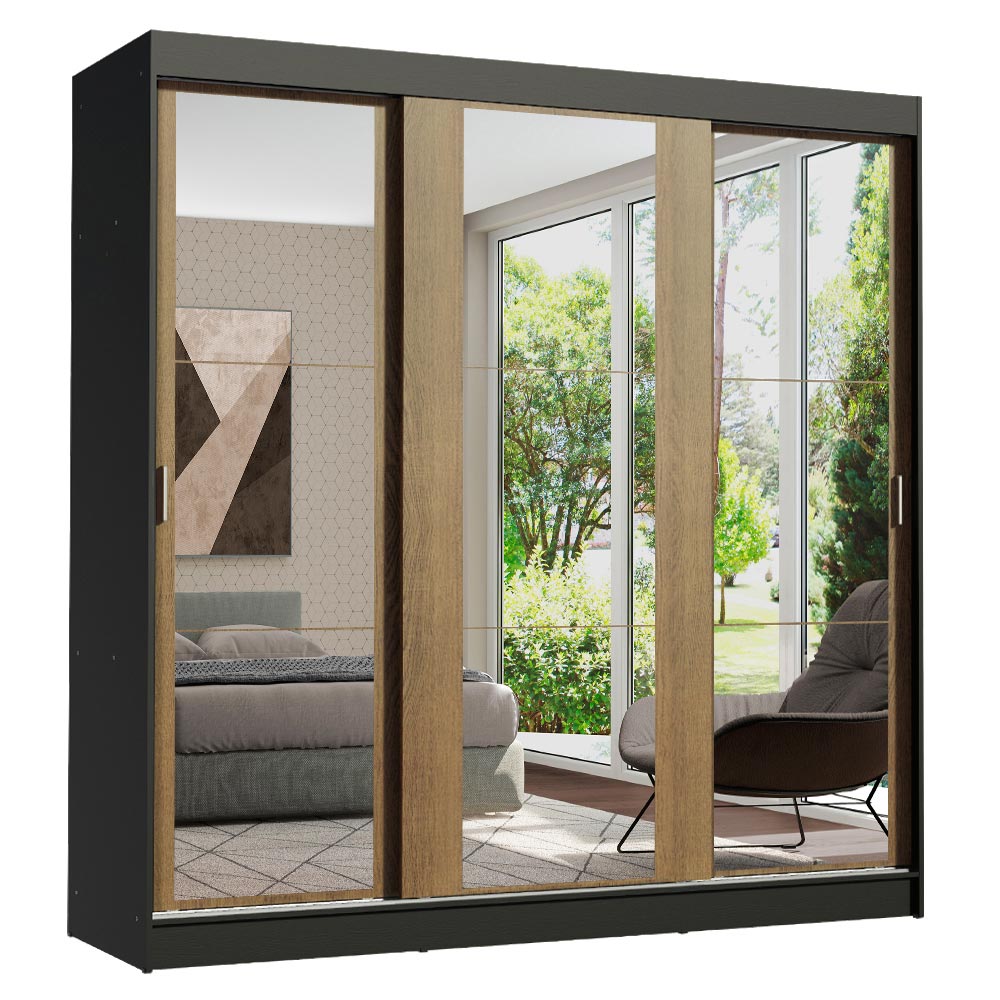 Clóset Matrimonial Reno 3 Puertas Correderas con Espejo Negro/Marrón