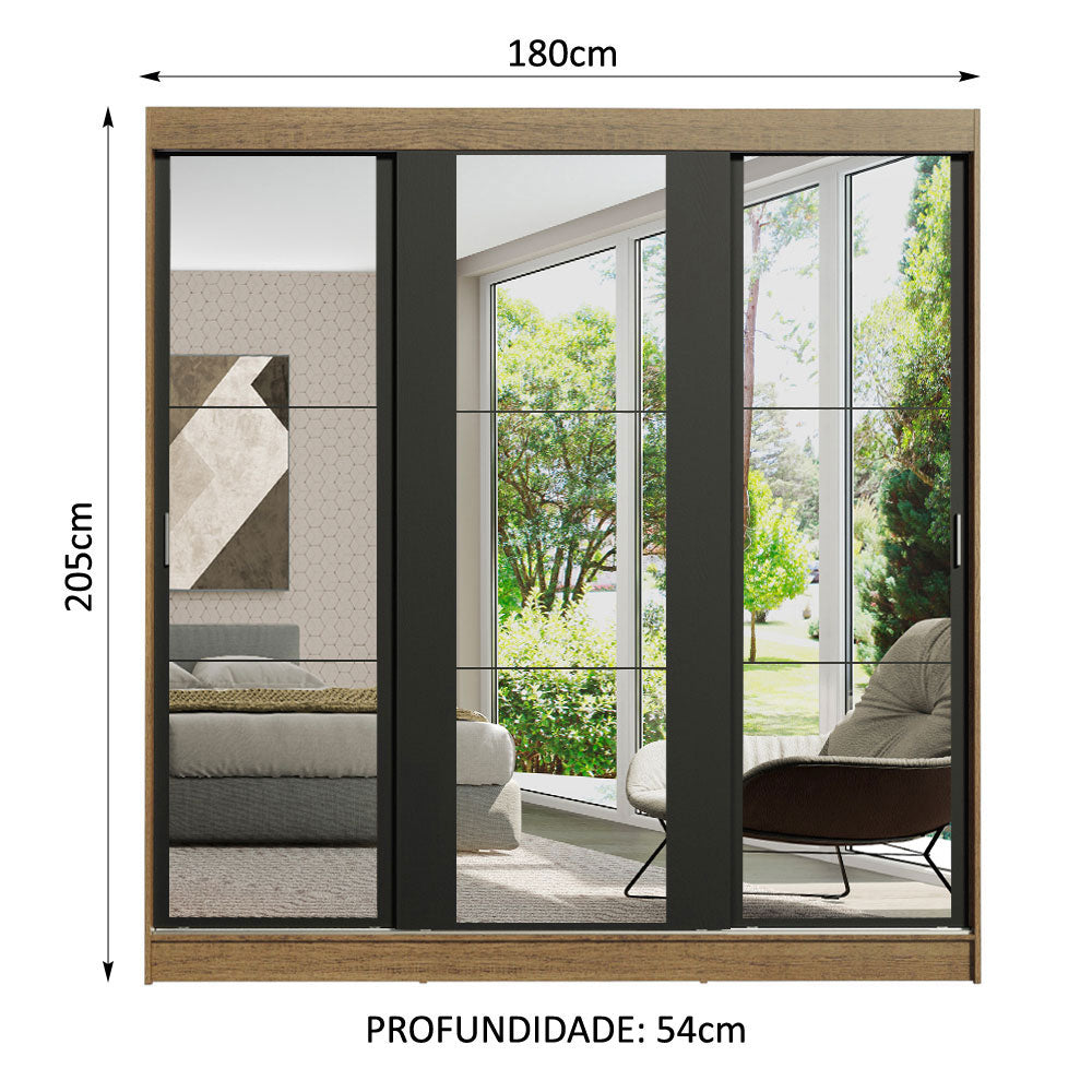 Clóset Matrimonial Reno 3 Puertas Corredizas de Espejo Marrón/Negro