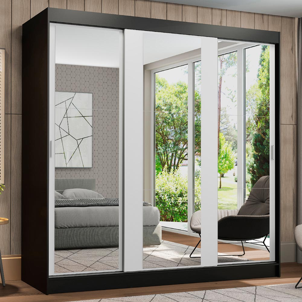 Clóset Matrimonial Reno con 3 Puertas Correderas de Espejo Negro/Blanco