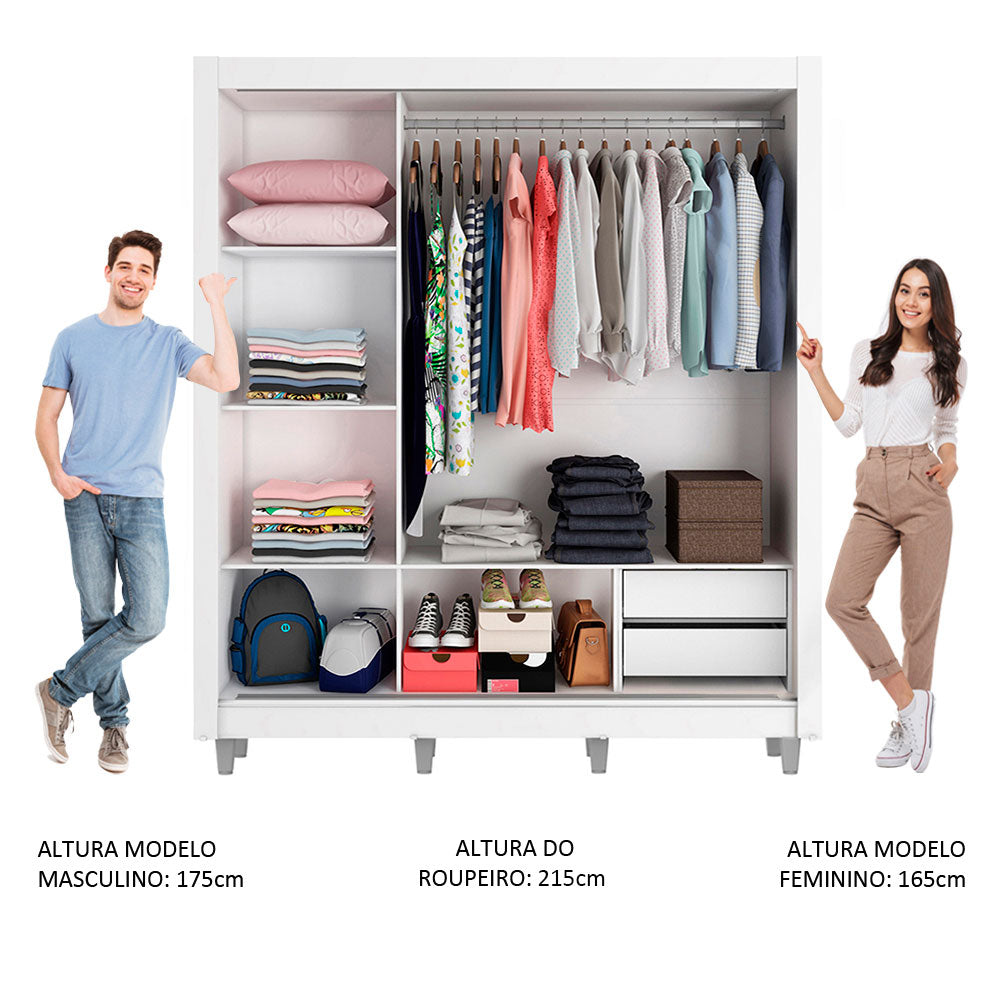 Clóset Matrimonial Lyon 3 Puertas Correderas con Espejo 2 Cajones con Patas Blanco