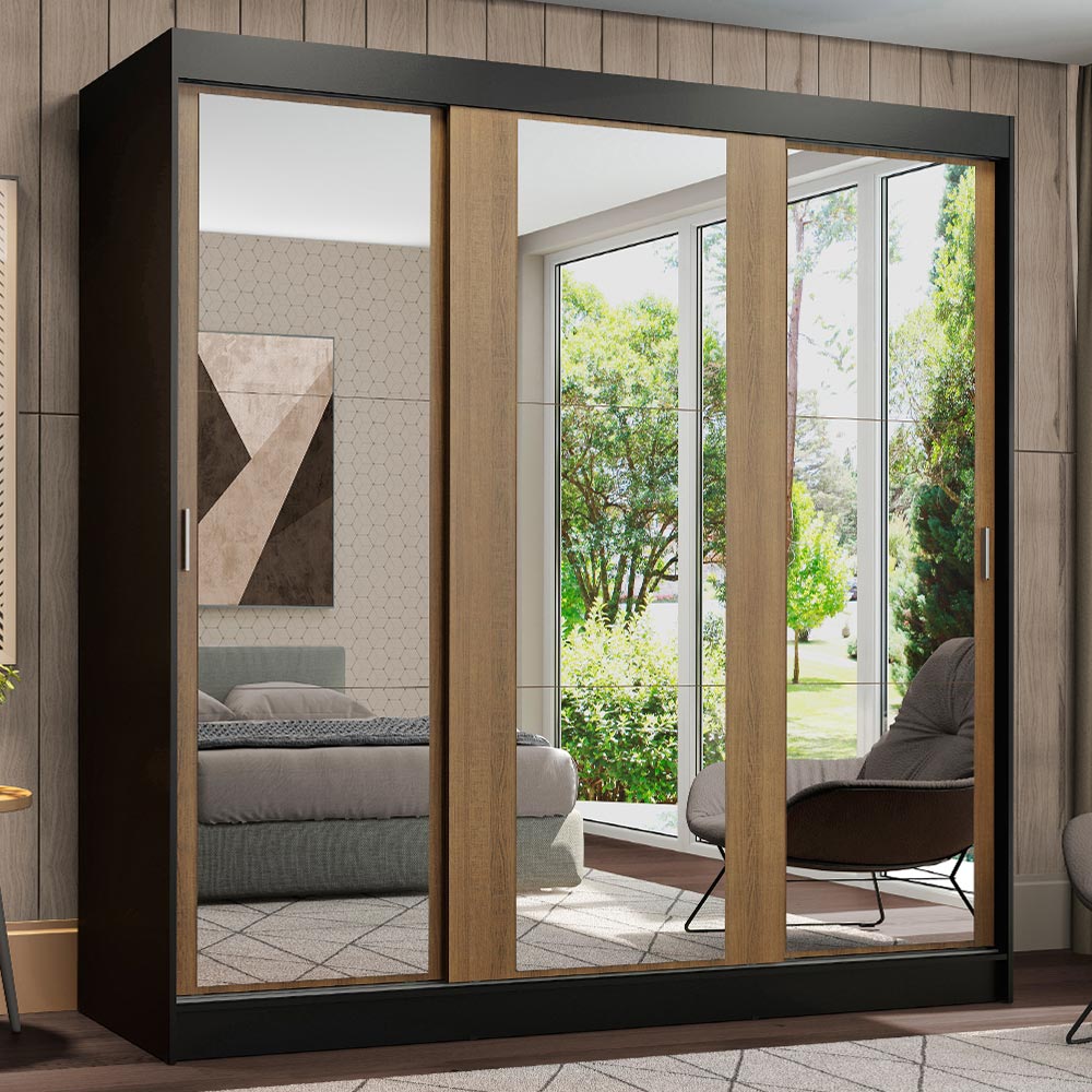 Clóset Matrimonial Reno 3 Puertas Correderas con Espejo Negro/Marrón