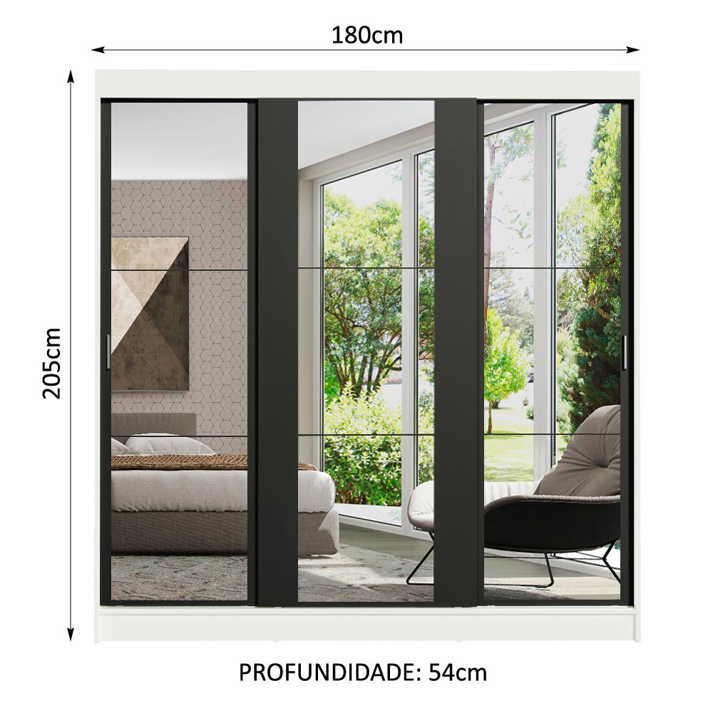 Clóset Matrimonial Reno con 3 Puertas Correderas de Espejo Blanco/Negro