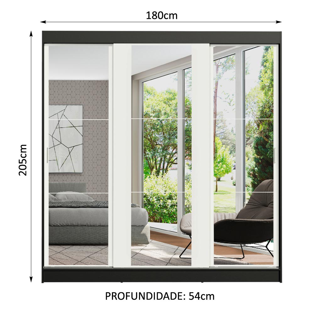 Clóset Matrimonial Reno con 3 Puertas Correderas de Espejo Negro/Blanco