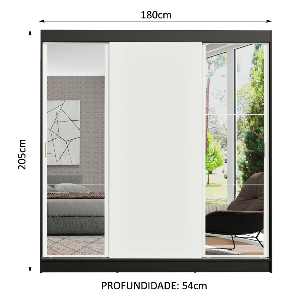 Clóset Matrimonial Reno 3 Puertas Correderas con Espejos Negro/Blanco