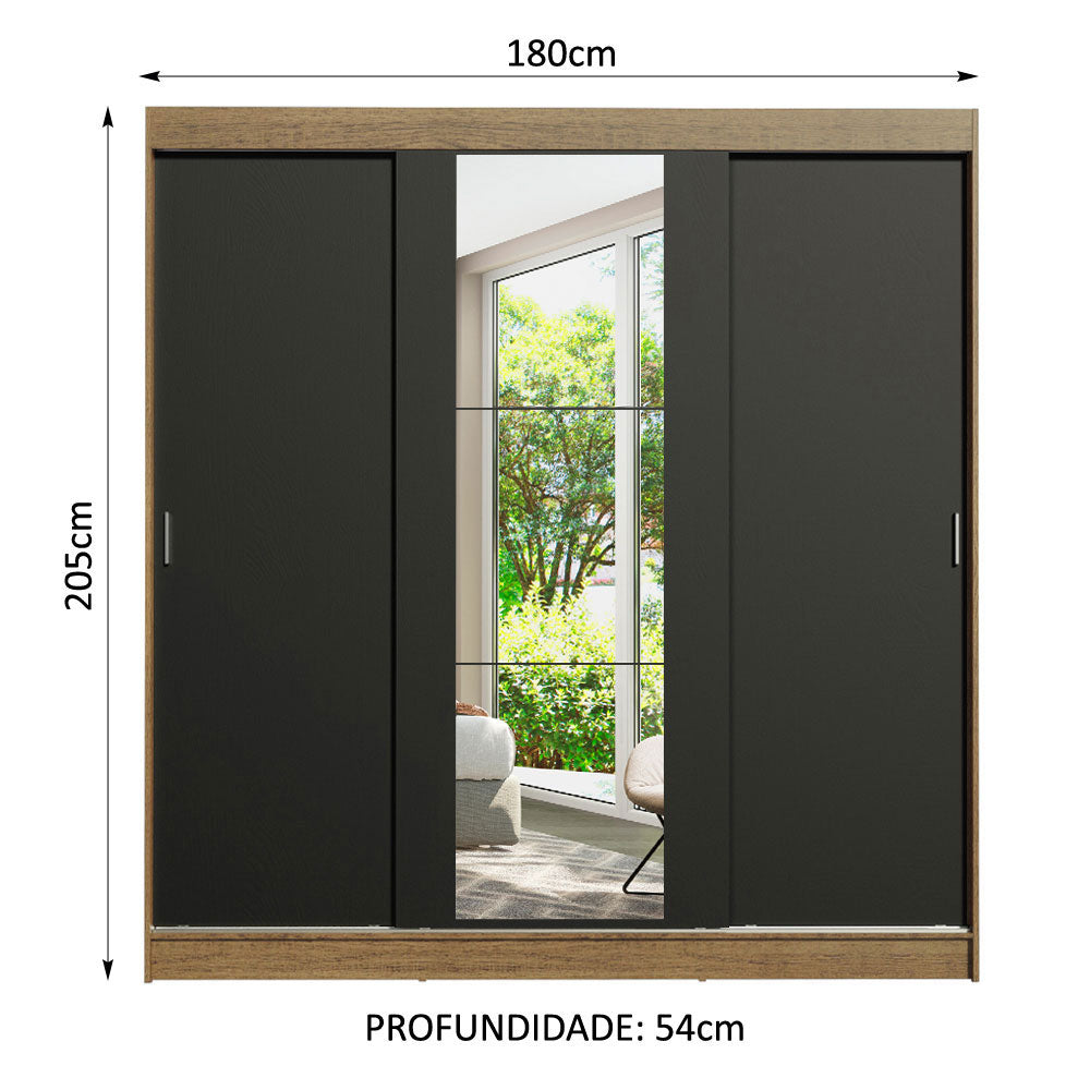 Clóset Matrimonial Reno 3 Puertas Corredizas con Espejo Marrón/Negro