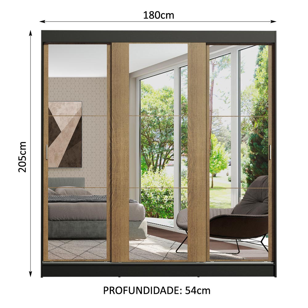 Clóset Matrimonial Reno 3 Puertas Correderas con Espejo Negro/Marrón