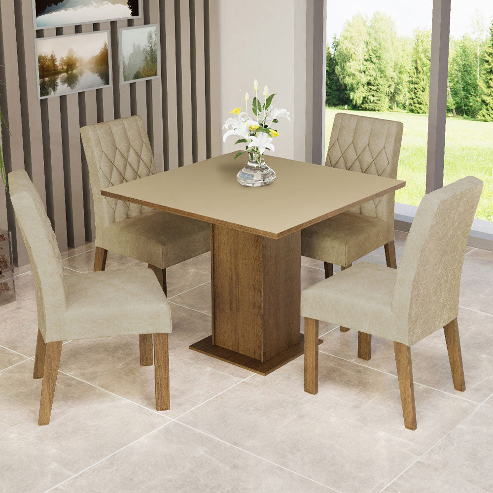 Juego de Comedor Mesa con Tablero de Madera 4 Sillas Livia Madesa - Marrón/Crema/Imperial
