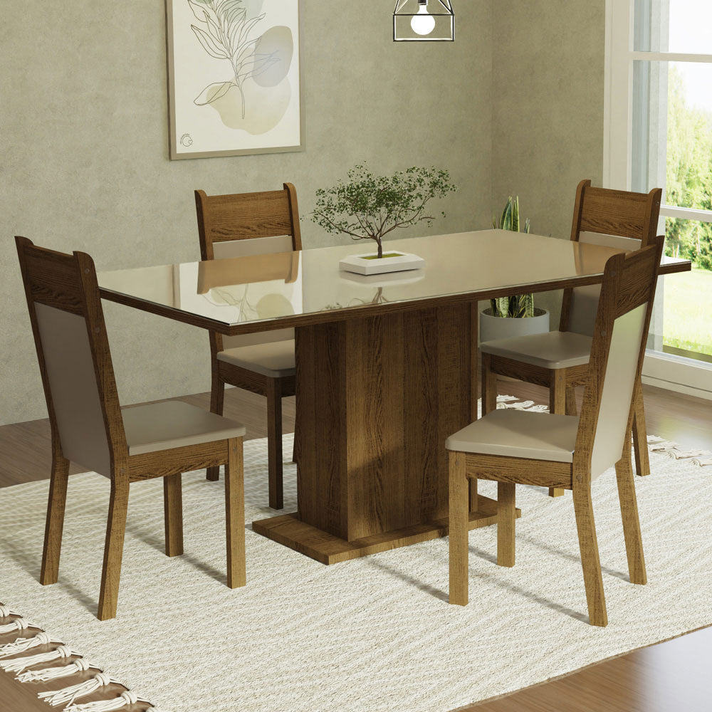 Juego de Comedor Mesa con Tablero de Vidrio 4 Sillas Crema/Marrón/Beige Greta Madesa