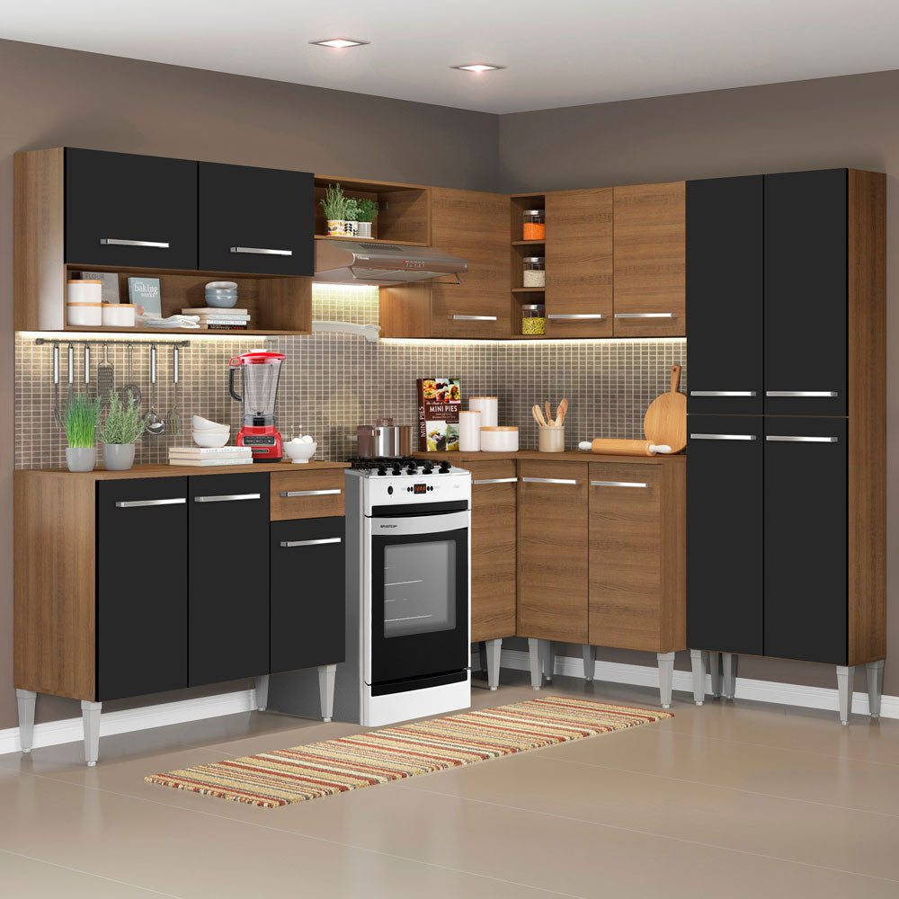 Cocina Integral Esquinera 417cm Marrón/Negro Emilly Ice 01