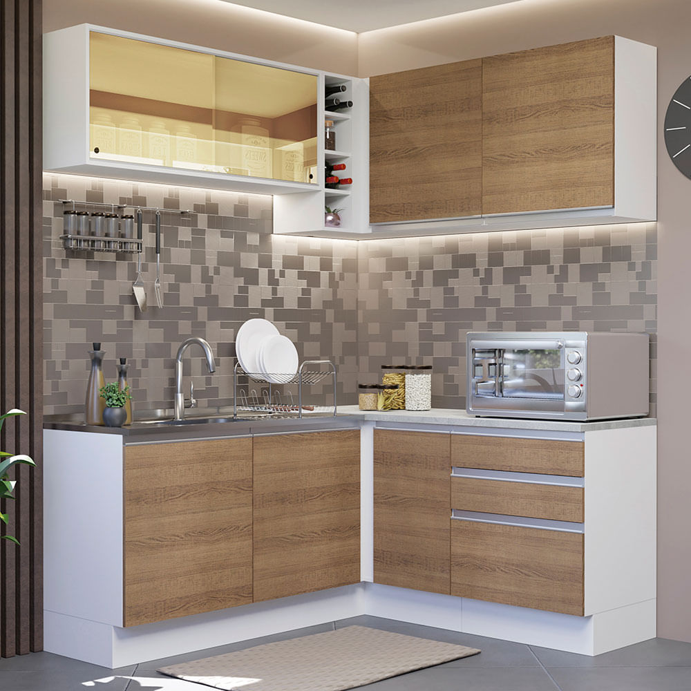 Cocina Integral Esquinera 329cm Blanco/Marrón Glamy 02
