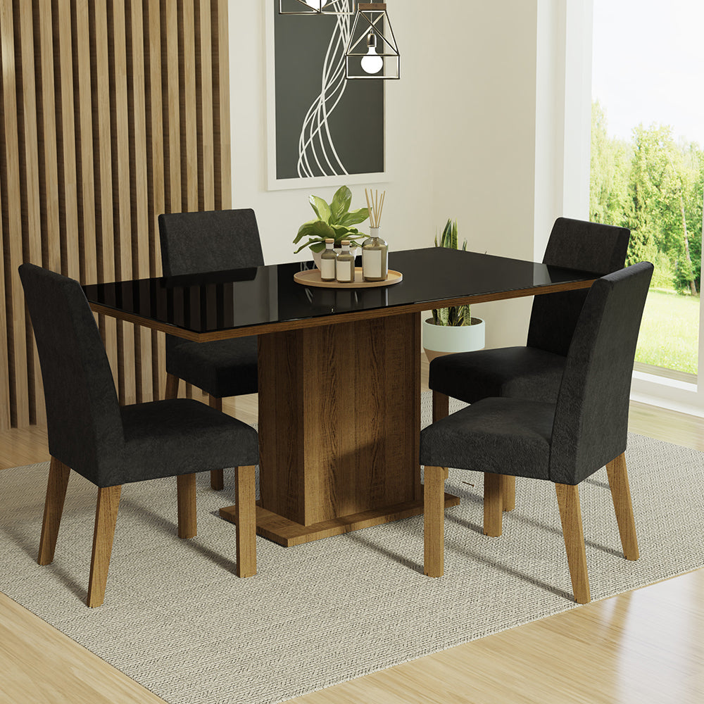 Juego de Comedor Mesa con Encimera de Vidrio 4 Sillas Marrón/Negro/Oxford Avril