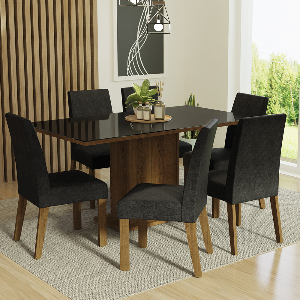 Juego de Comedor Mesa con Encimera de Vidrio 6 Sillas Marrón/Negro/Oxford Alexis
