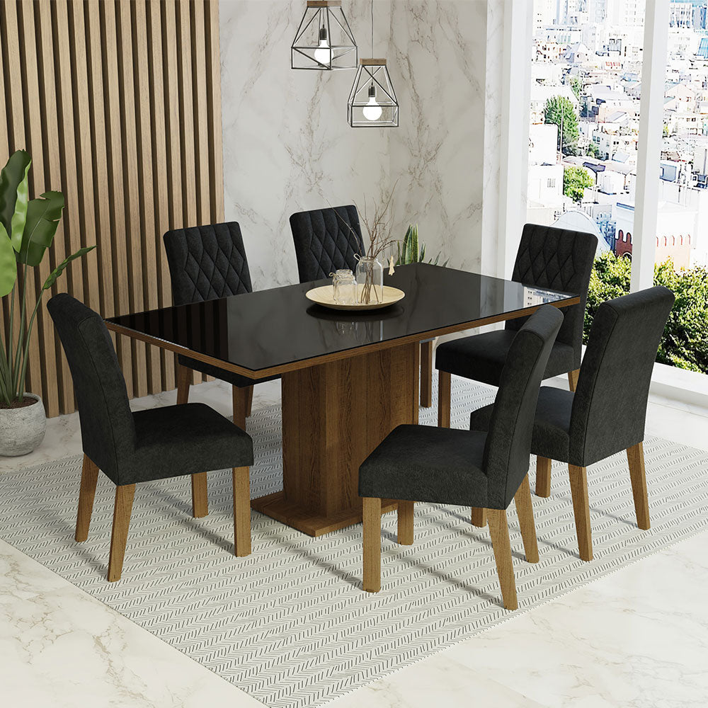 Juego de Comedor Mesa con Encimera de Vidrio 6 Sillas Marrón/Negro/Oxford Geórgia