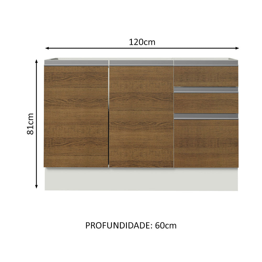 Gabinete Bajo  para Lavadero 120 x 60 cm 2 Puertas y 3 Cajones (Sin Encimera) Glamy Blanco/Marrón
