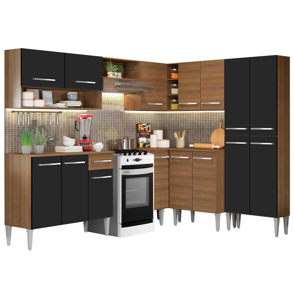 Cocina Integral Esquinera 417cm Marrón/Negro Emilly Ice 01