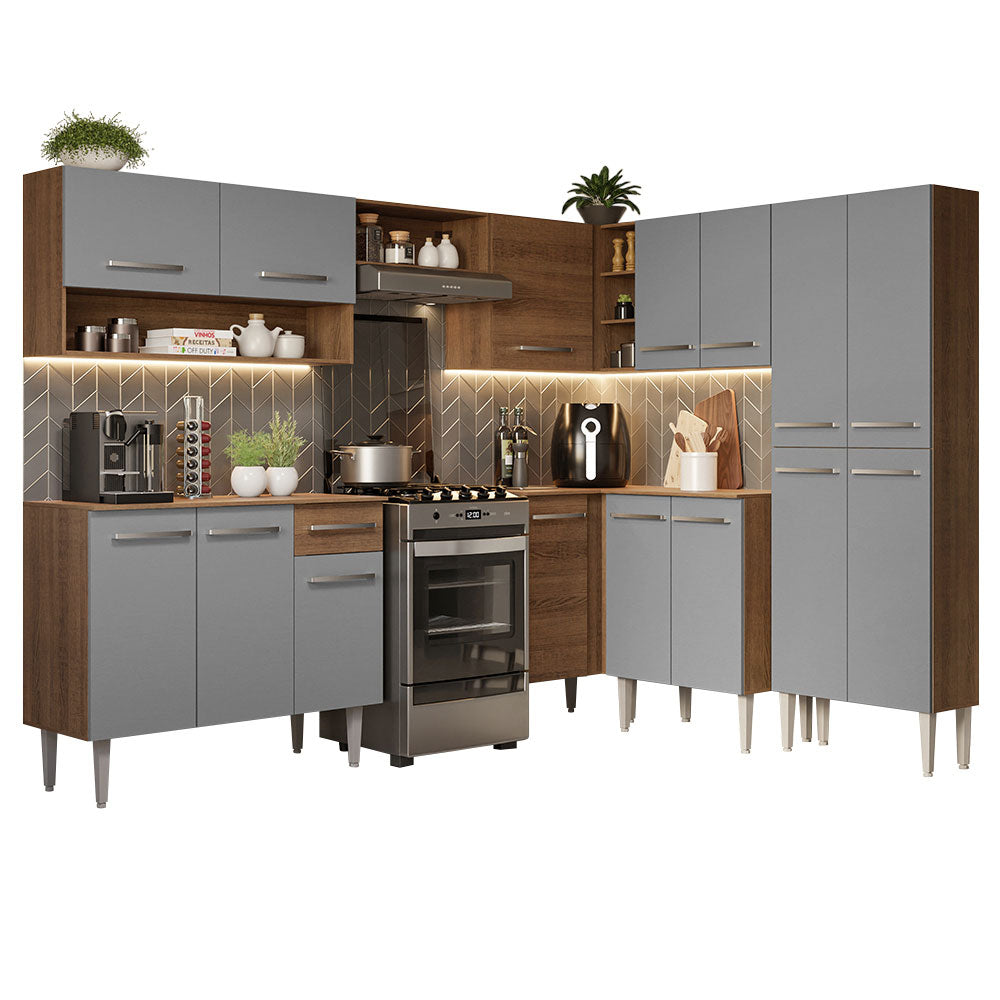 Cocina Integral Esquinera 417cm Marrón/Gris Emilly 02