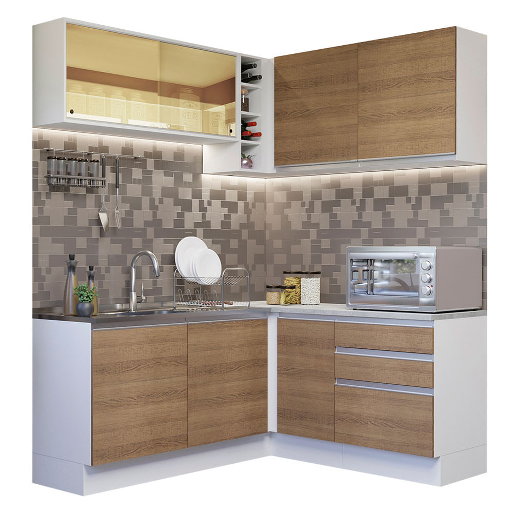 Cocina Integral Esquinera 329cm Blanco/Marrón Glamy 02
