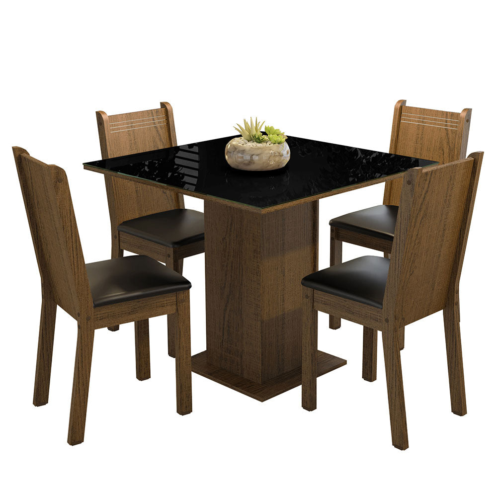 Juego de Comedor Mesa Encimera de Vidrio 4 Sillas Marrón/Negro Perla