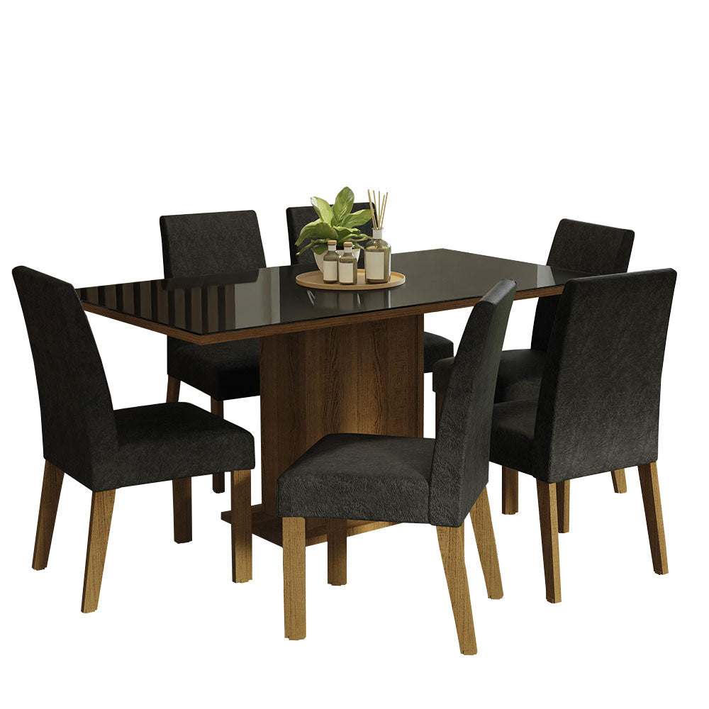 Juego de Comedor Mesa con Encimera de Vidrio 6 Sillas Marrón/Negro/Oxford Alexis