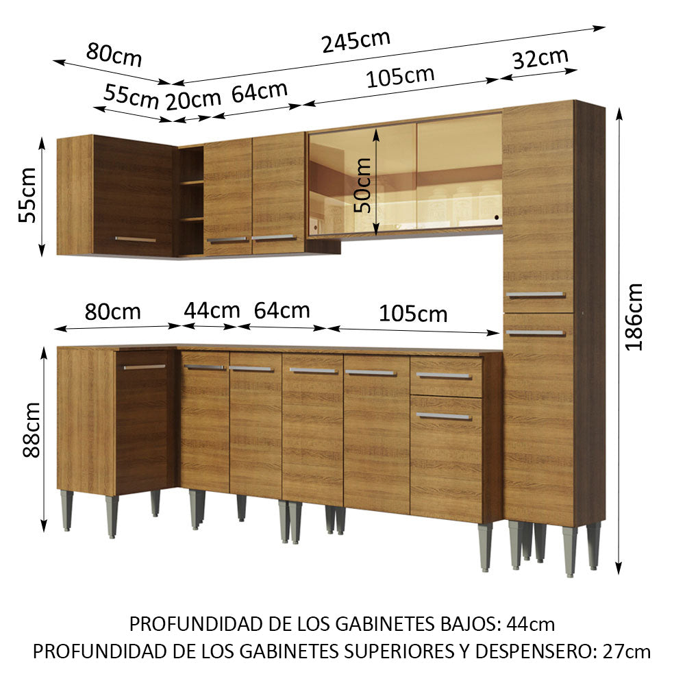 Cocina Integral Esquinera 325cm Marrón Emilly Wave 04