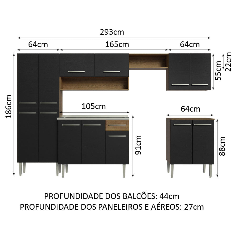 Cocina Integral 293cm con Lavadero Marrón/Negro Emilly 08
