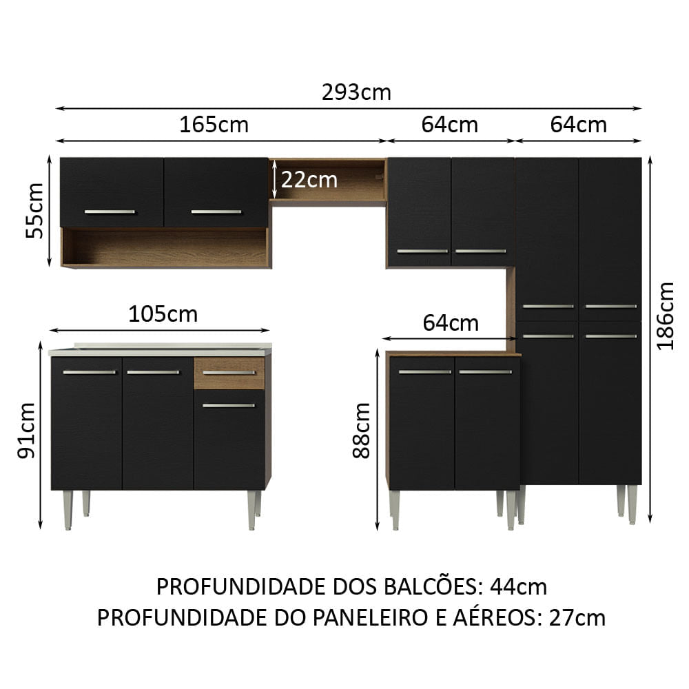 Cocina Integral 293cm con Lavadero Marrón/Negro Emilly 09