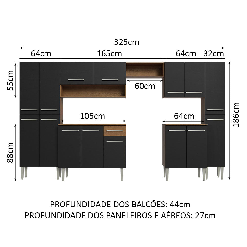 Cocina Integral 325cm Negro/Marrón Emilly Joy