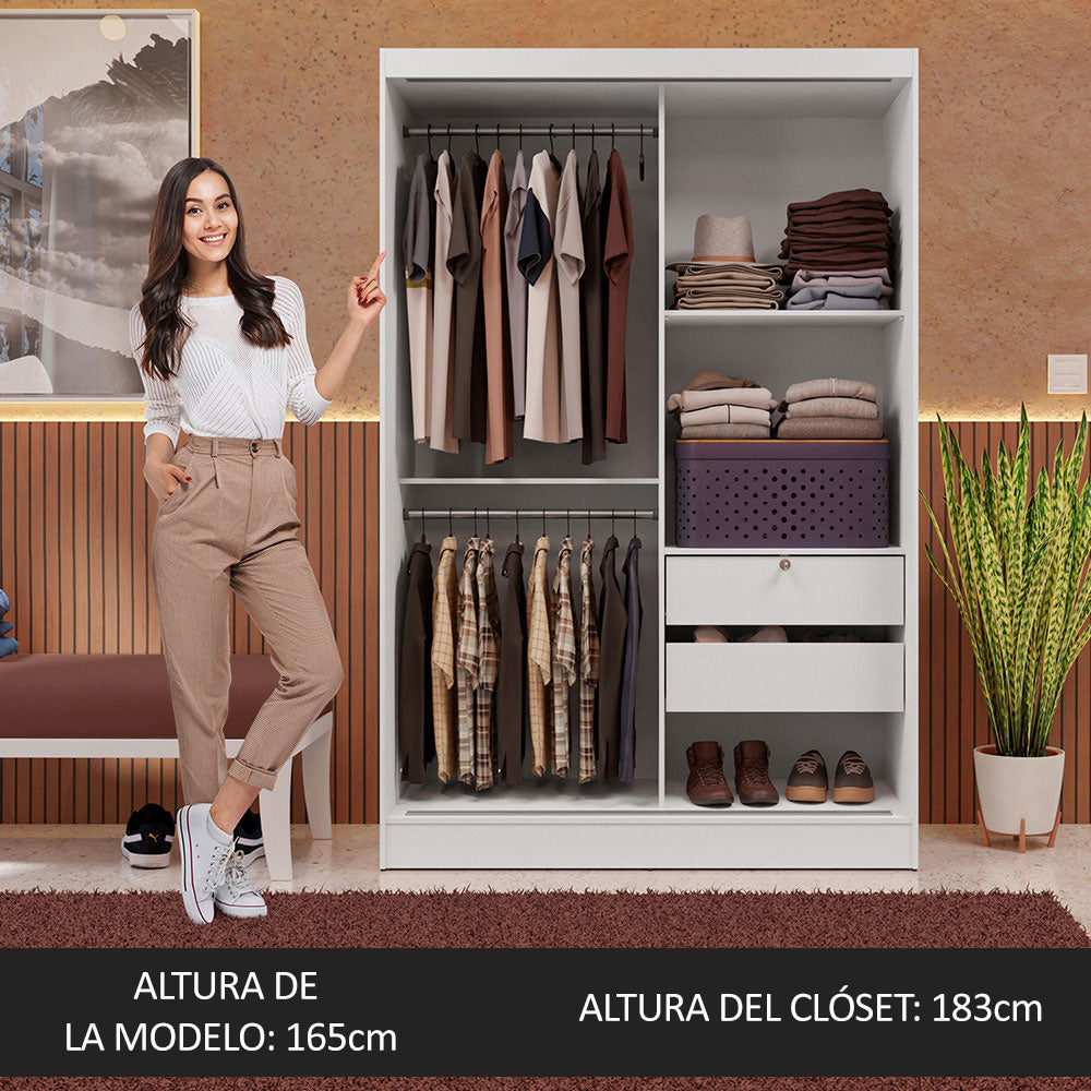Clóset Soltero 2 Puertas Corredizas con Espejos 2 Cajones Blanco Max