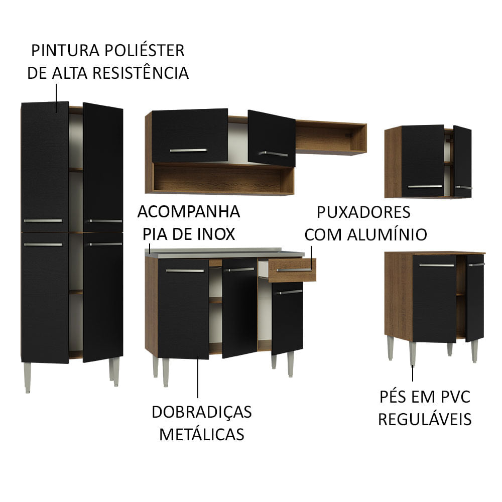 Cocina Integral 293cm con Lavadero Marrón/Negro Emilly 08