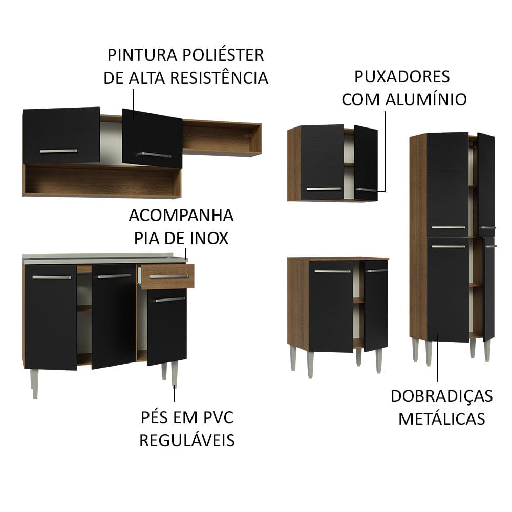 Cocina Integral 293cm con Lavadero Marrón/Negro Emilly 09