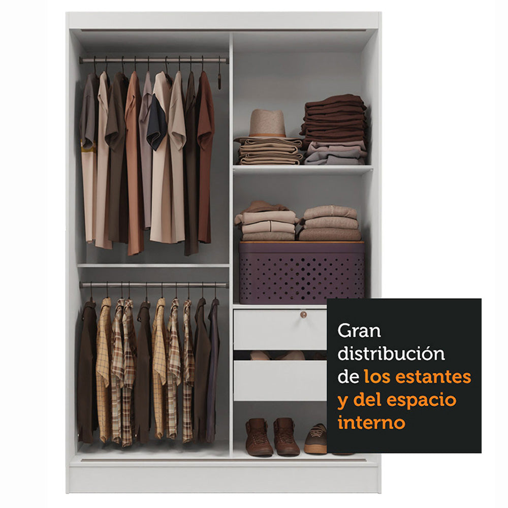 Clóset Soltero 2 Puertas Corredizas con Espejos 2 Cajones Blanco Max