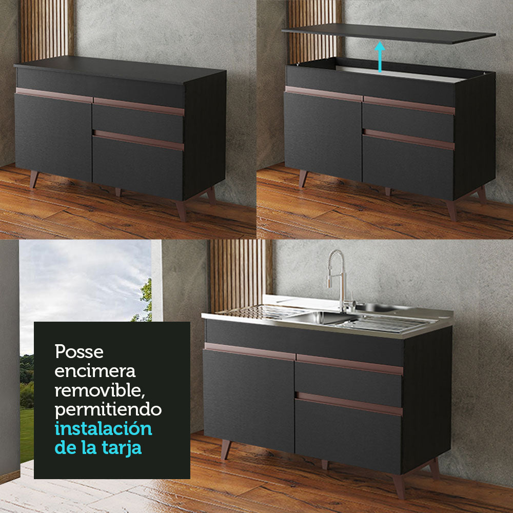 Mueble de Cocina para Lavadero 2 Puertas y 1 Cajón Negro Reims