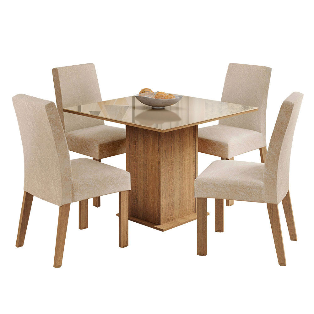 Juego de Comedor Mesa con Encimera de Vidrio con 4 Sillas Marrón/Crema/Imperial Evelin