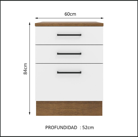 Mueble de Cocina Madesa Agata 60 cm 3 Cajones Marron/Blanco