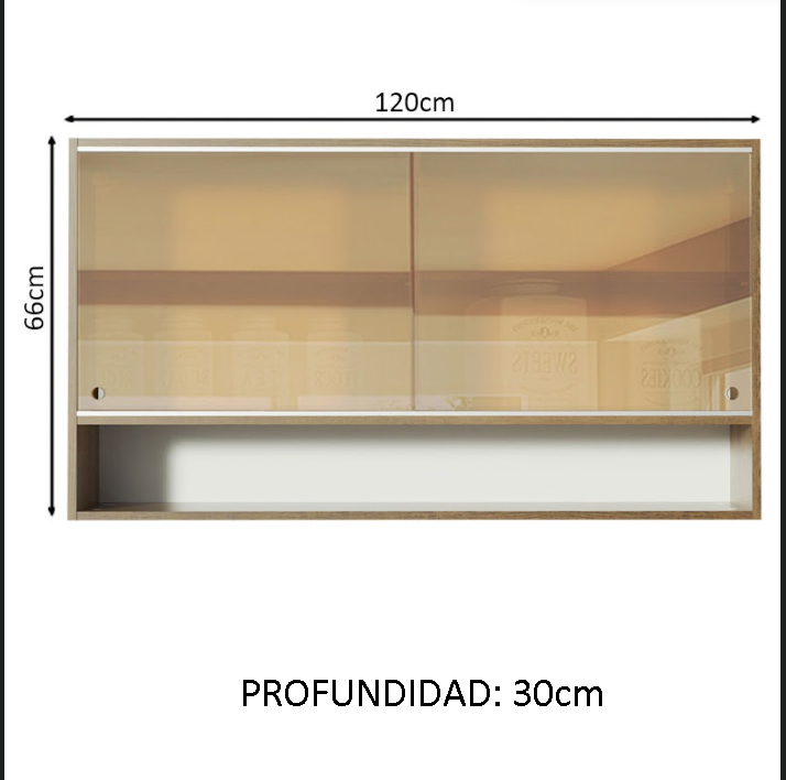 Alacena de Cocina Glamy 120 cm 2 Puertas Corredizas de Cristal Reflex