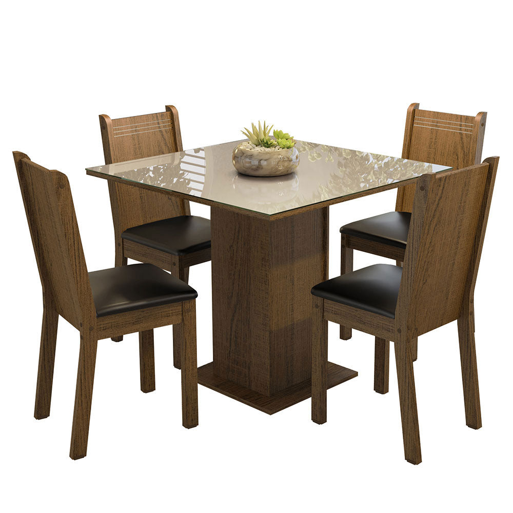 Juego de Comedor Mesa con Encimera de Vidrio 4 Sillas Marrón/Crema/Negro Perla