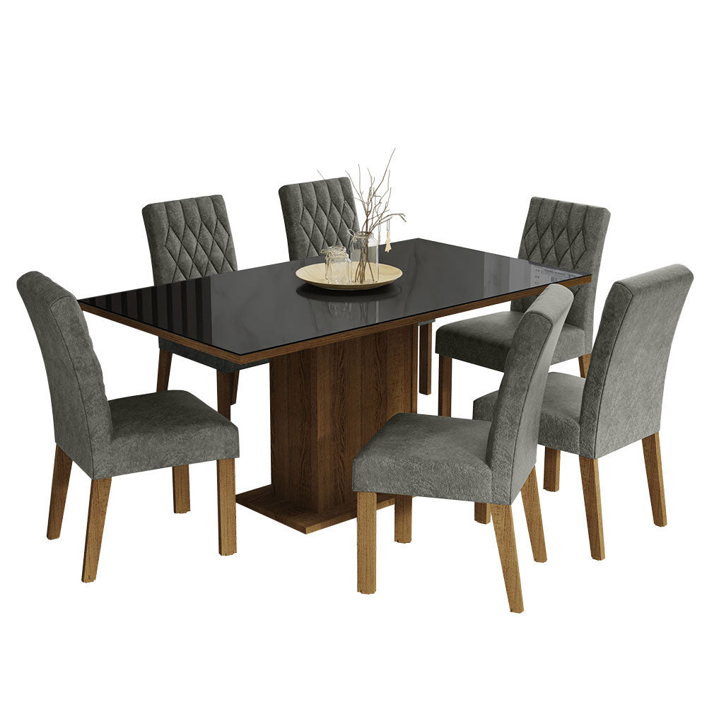 Juego de Comedor Mesa con Encimera de Vidrio 6 Sillas Marrón/Negro/Silver Geórgia