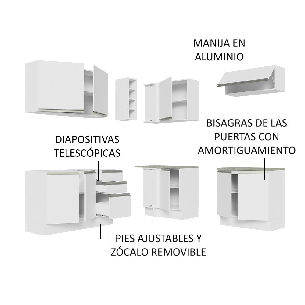 Cocina Integral Esquinera 349cm Blanco Glamy Madesa 03
